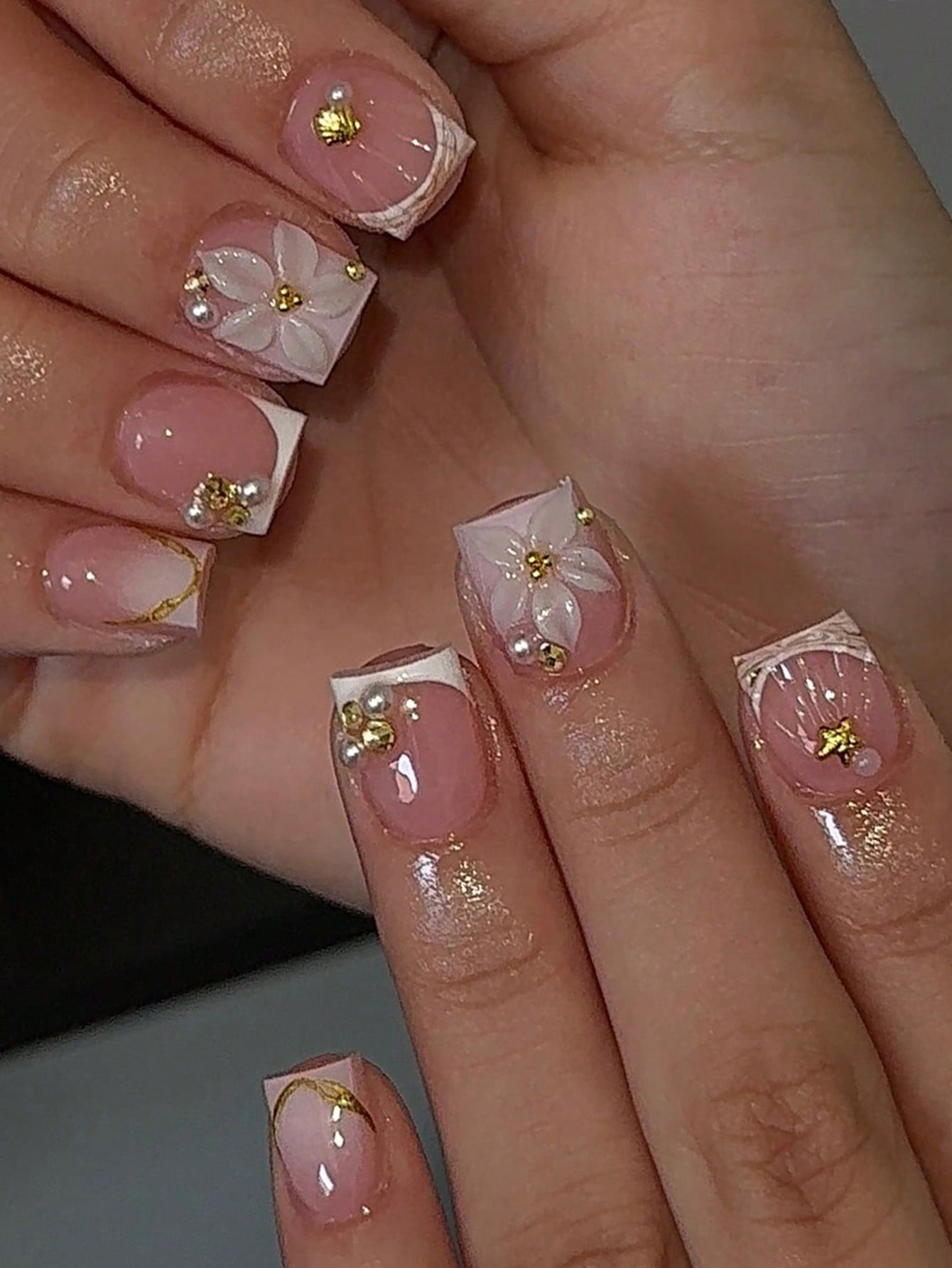 Nail Art Jelly - 24개 짧은 스퀘어 화이트 프렌치 플라워