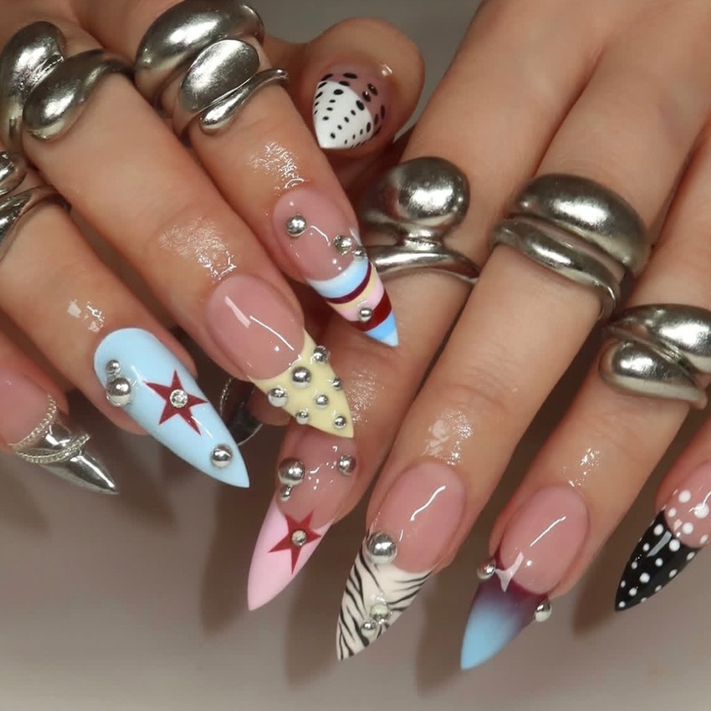 Nail Art Zebra - 24개 Y2K 롱 스틸레토 프레스온 네일,