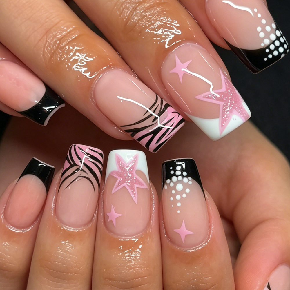 Nail Art Zebra - 24개입 블랙 화이트 프렌치 스틱온 네일,