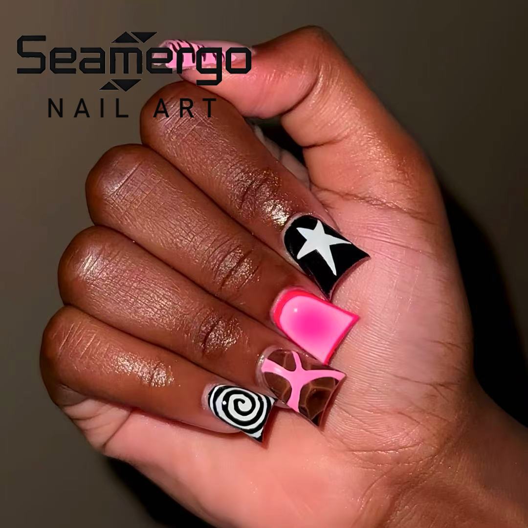 Nail Art Zebra - 24개 핑크 블랙 덕빌 프레스온 네일,