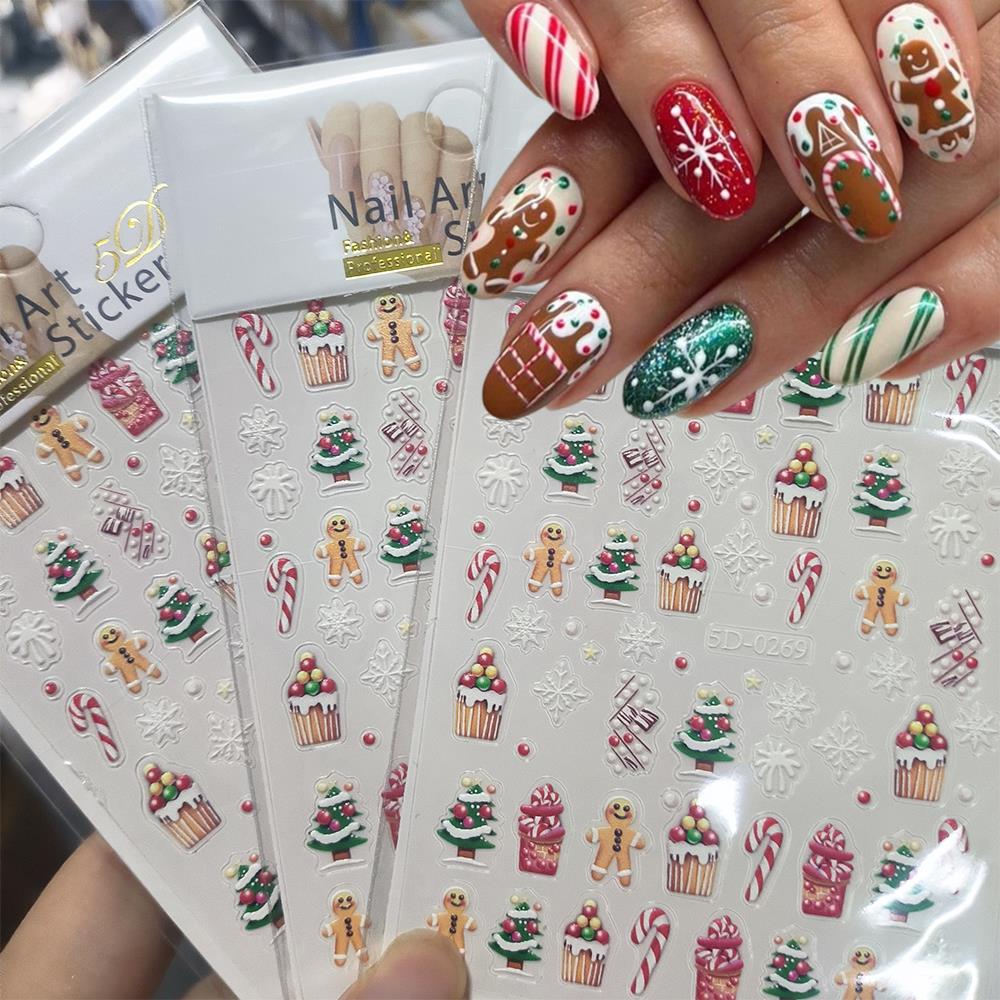 Nail Art For Men - 1개 크리스마스 5D 진저브레드맨 케이크 눈송이