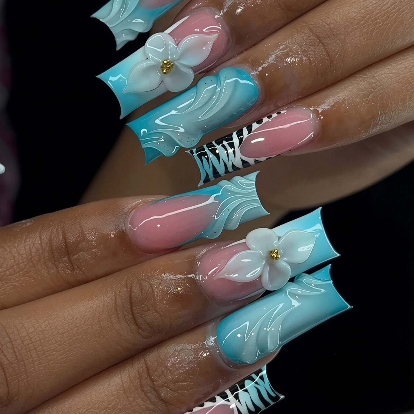 Nail Art Zebra - 24개 블루 그라데이션 프렌치 스타일 롱