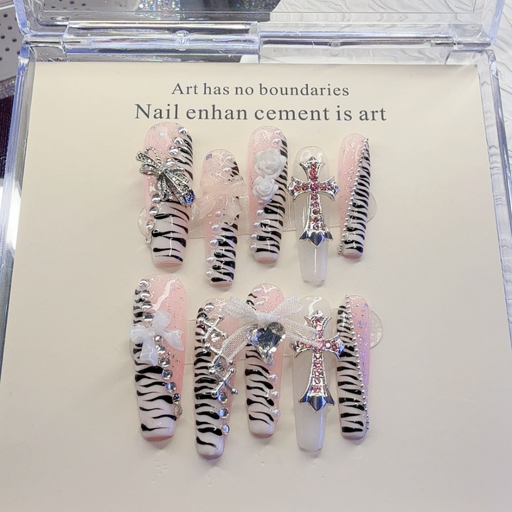 Nail Art Zebra - 10개 Y2K 핑크 지브라 패턴 고딕
