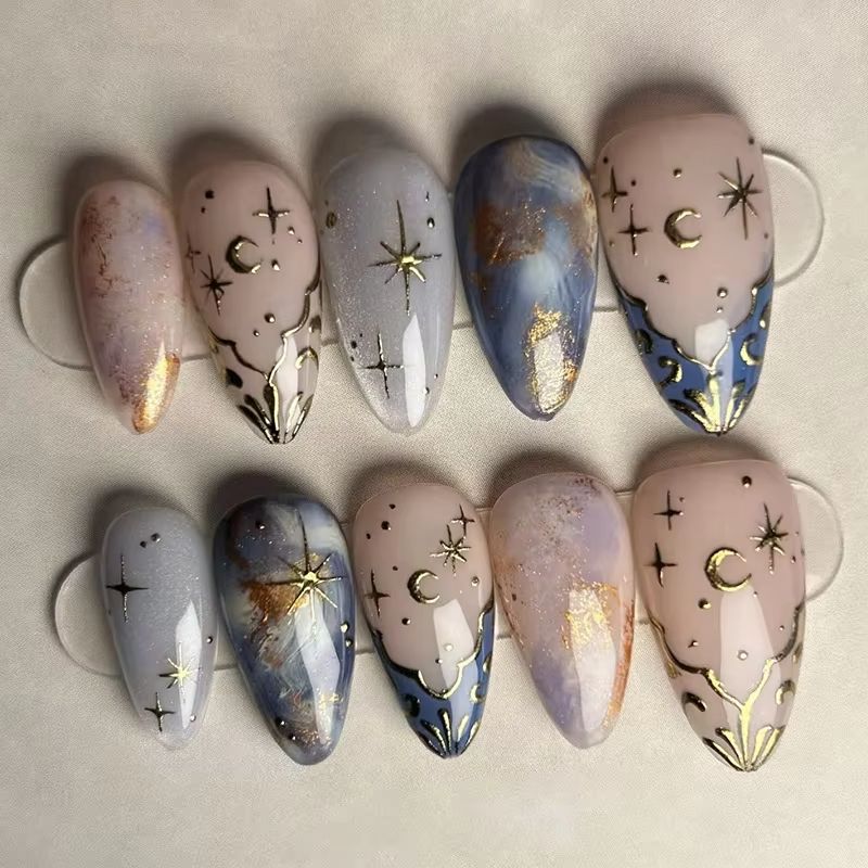 24개 짧은 아몬드 네일 세트 풀커버 별 달 웨이브 프 - Nail Art Jelly 리뷰 및 가격