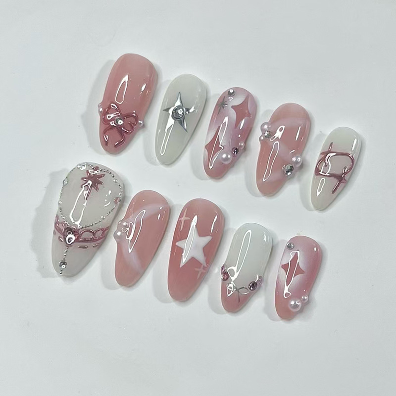 24개 짧은 아몬드 네일 세트 풀커버 별 달 웨이브 프 - Nail Art Jelly 리뷰 및 가격