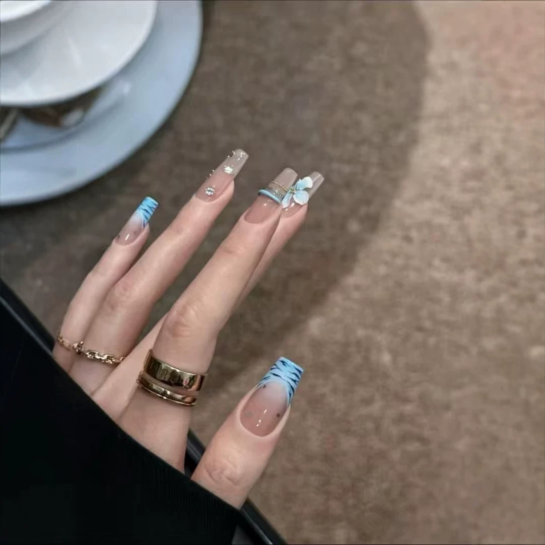 10개 수제 중간 길이 프레스온 네일 블루 지브라 패턴 - Nail Art Zebra 리뷰 및 가격