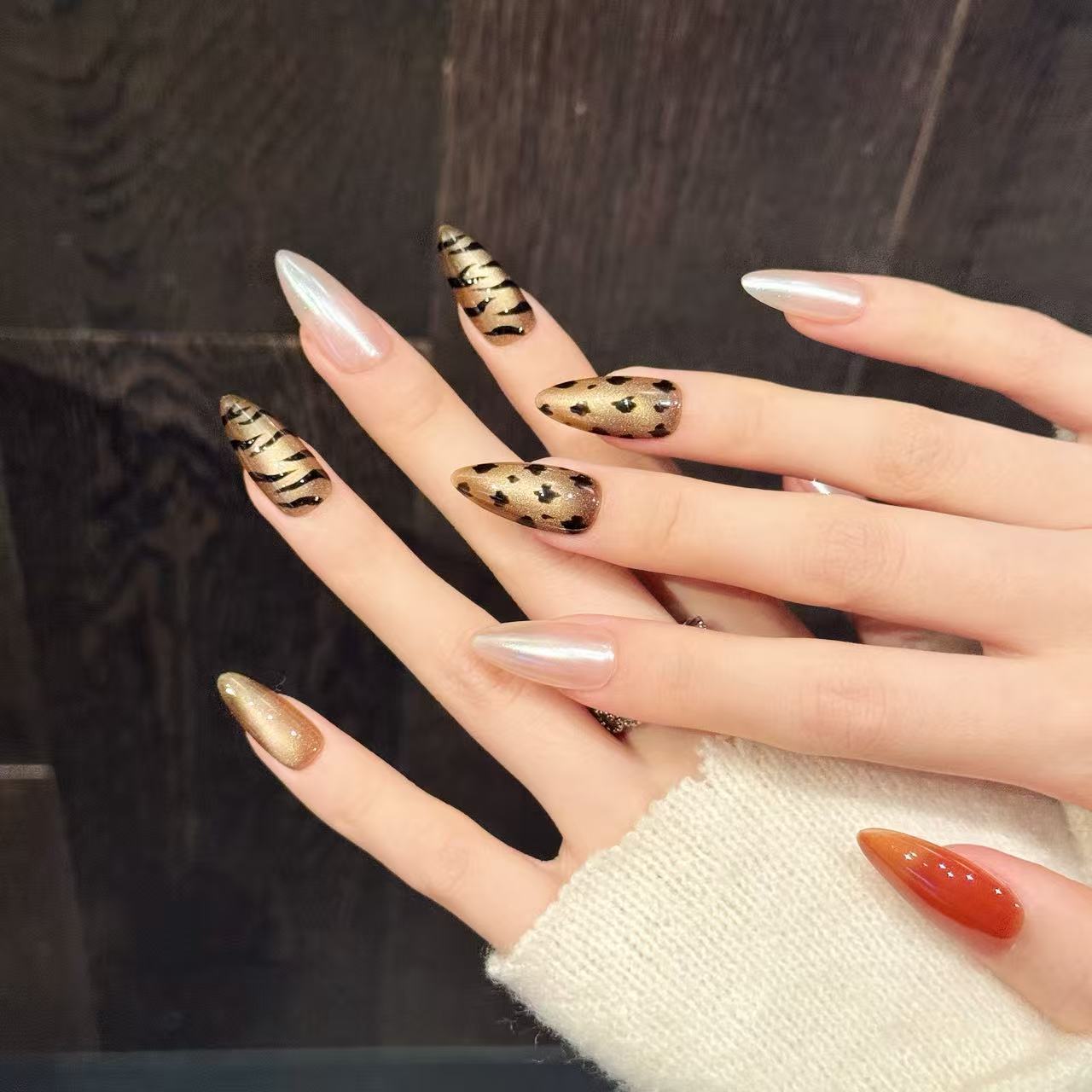 10개 수제 아몬드 프레스온 네일 반짝이는 캣아이 레오 - Nail Art Zebra Design 리뷰 및 가격