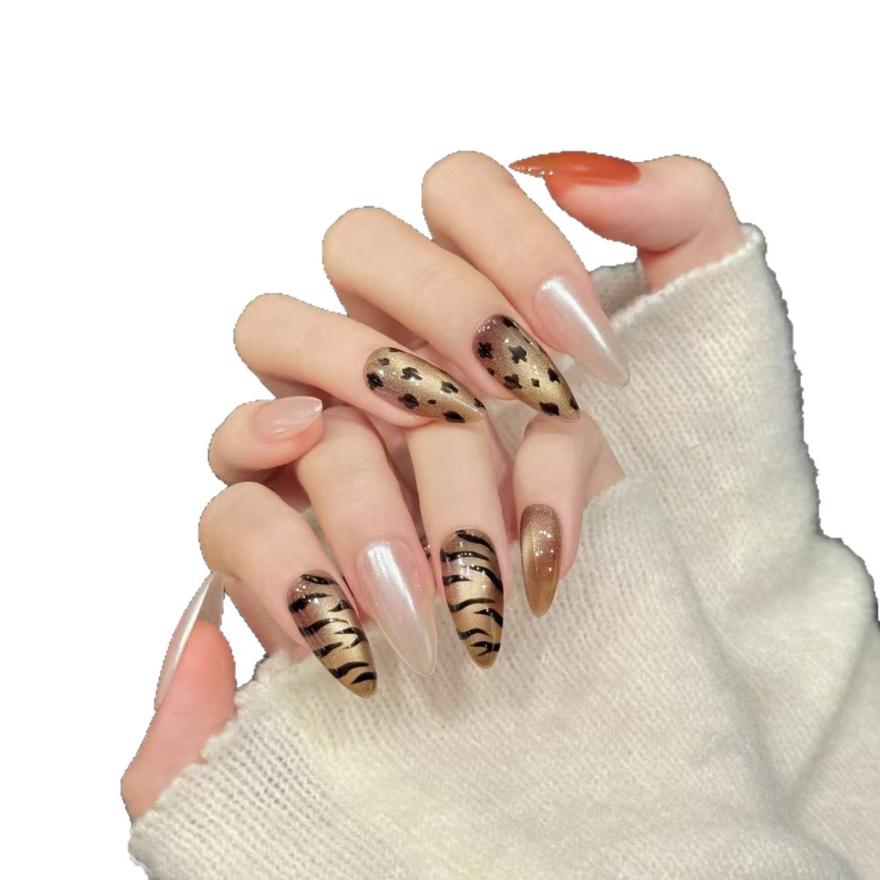 10개 수제 아몬드 프레스온 네일 반짝이는 캣아이 레오 - Nail Art Zebra Design 리뷰 및 가격