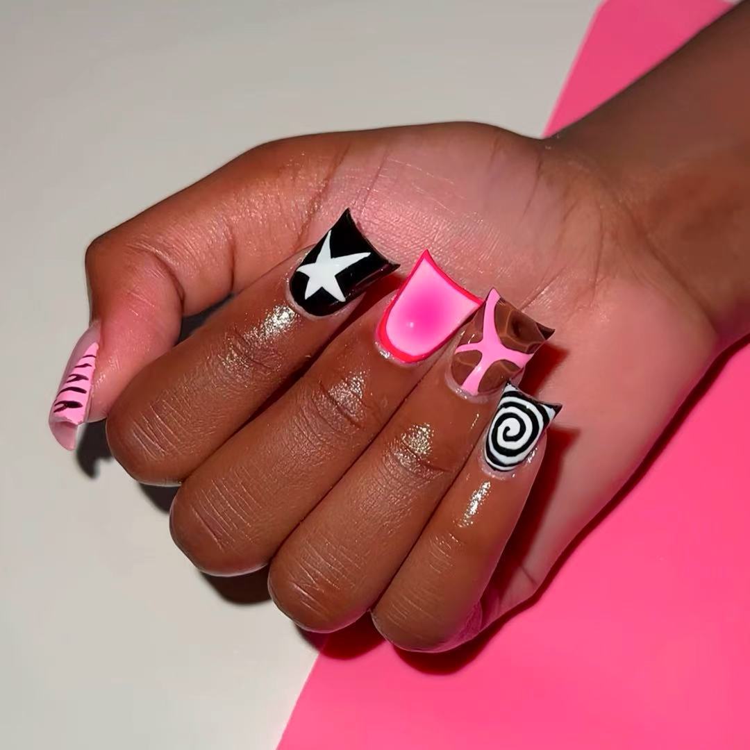 24개 핑크 블랙 덕빌 프레스온 네일, 별 모양 스월, - Nail Art Zebra 리뷰 및 가격