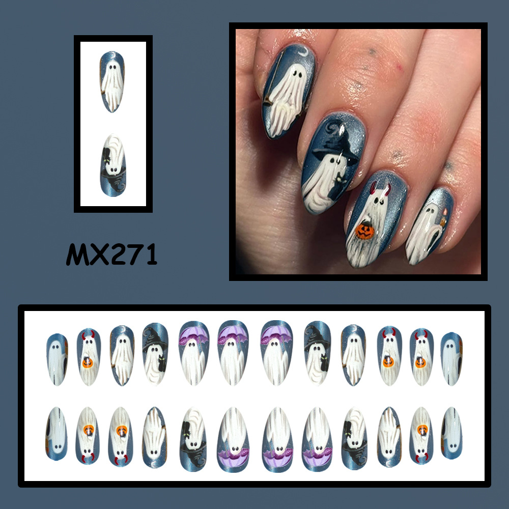 24개 할로윈 네일아트 고스트 캣아이 아몬드 프레스온  - Nail Art Jelly 리뷰 및 가격