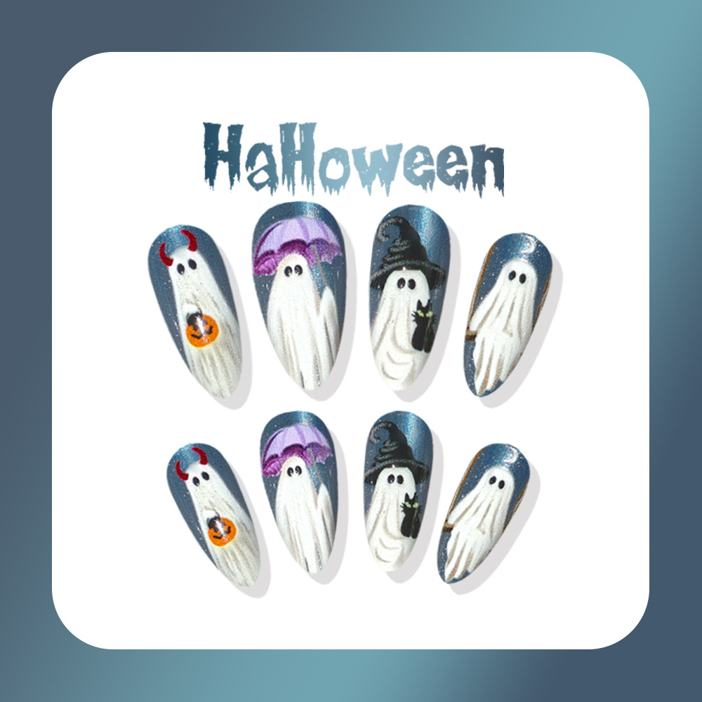 24개 할로윈 네일아트 고스트 캣아이 아몬드 프레스온  - Nail Art Jelly 리뷰 및 가격