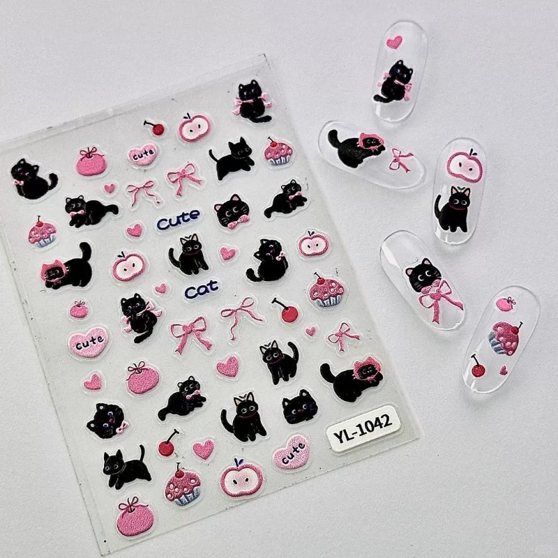 귀여운 만화 리본 검은 고양이 3D 릴리프 스티커 사랑 - Nail Art Jelly 리뷰 및 가격