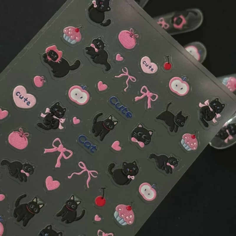 귀여운 만화 리본 검은 고양이 3D 릴리프 스티커 사랑 - Nail Art Jelly 리뷰 및 가격