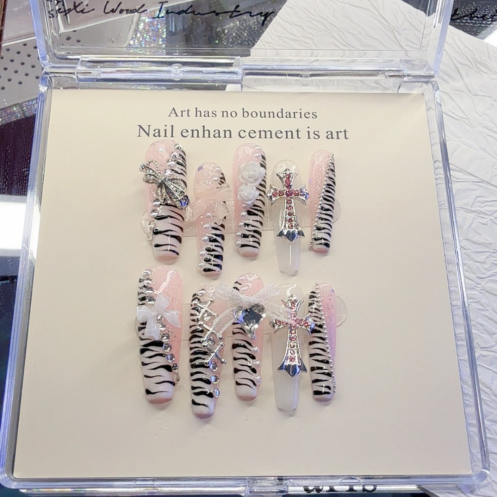 10개 Y2K 핑크 지브라 패턴 고딕 십자가 수제 프레 - Nail Art Zebra 리뷰 및 가격