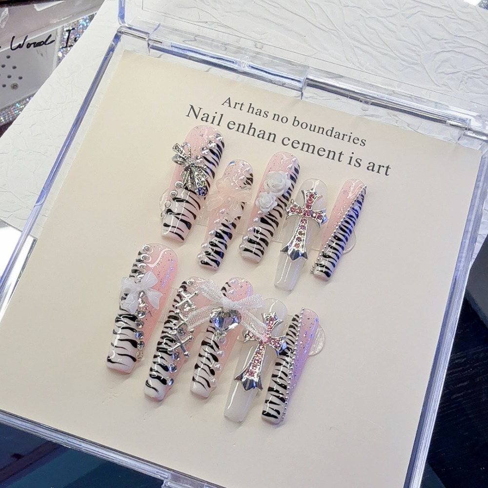 10개 Y2K 핑크 지브라 패턴 고딕 십자가 수제 프레 - Nail Art Zebra 리뷰 및 가격